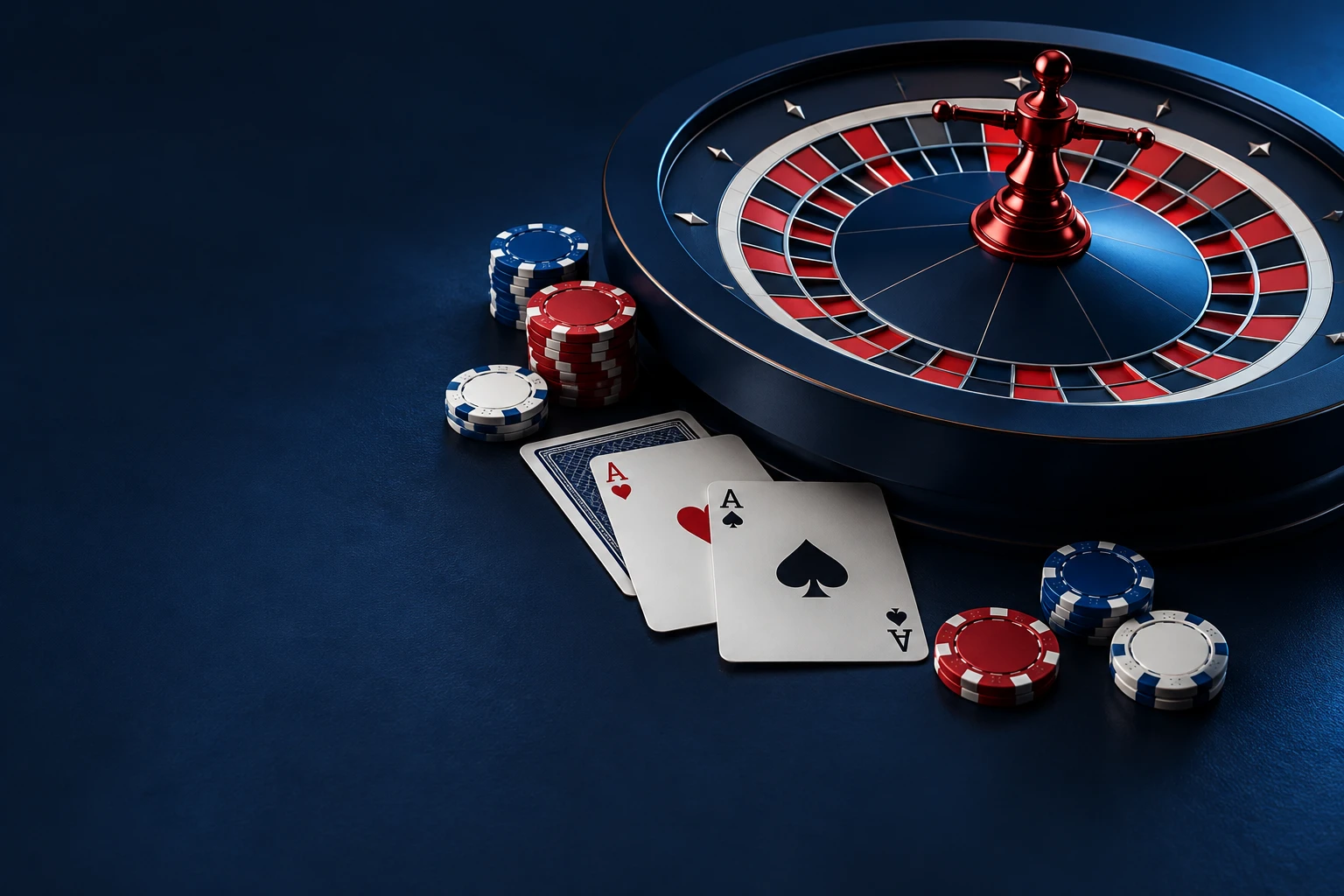 Roulette wheel, playing cards and casino chips in blue, white and red